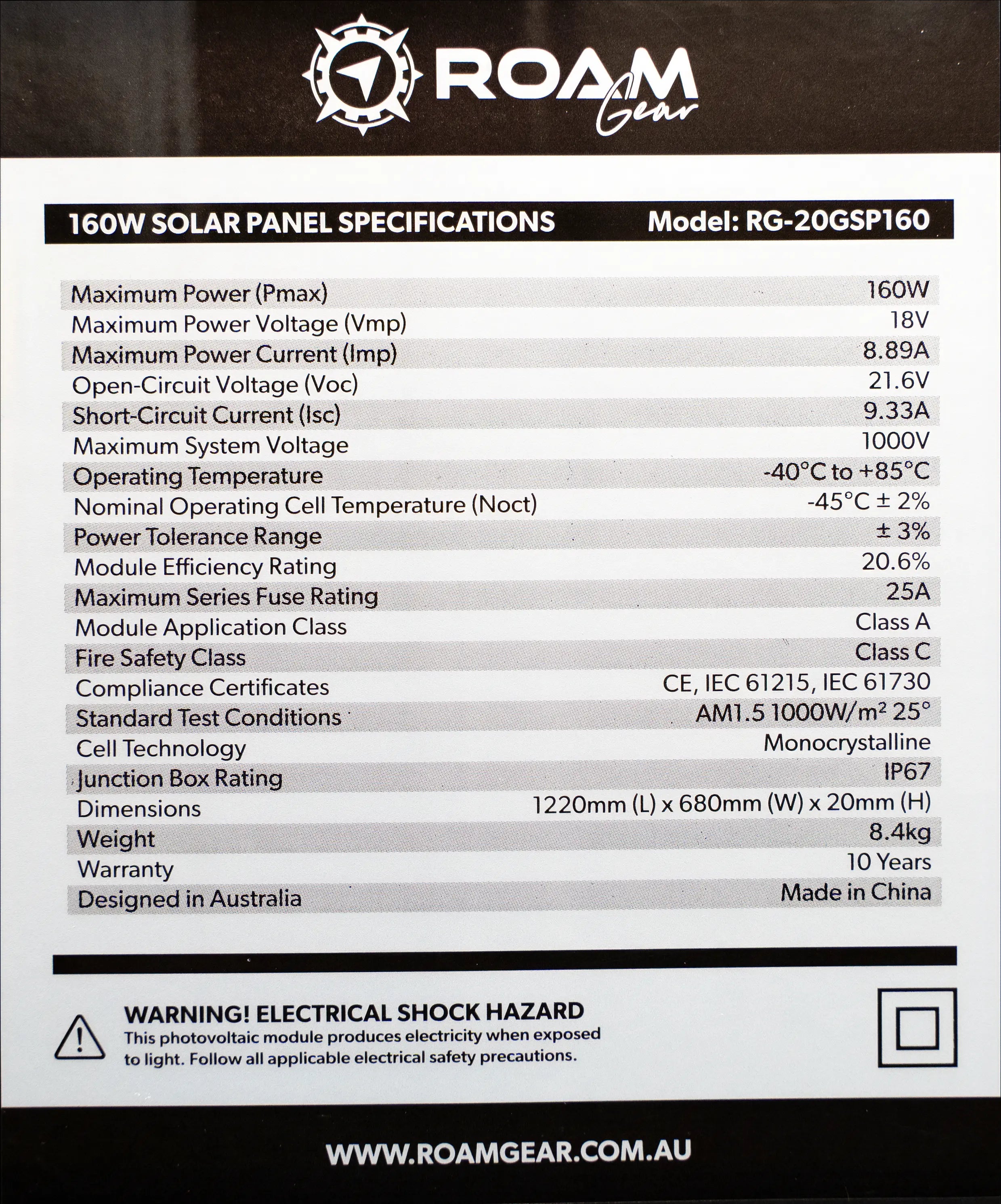 Roam Gear 160W 12V Slimline Black Glass Solar Panel (20mm Frame)