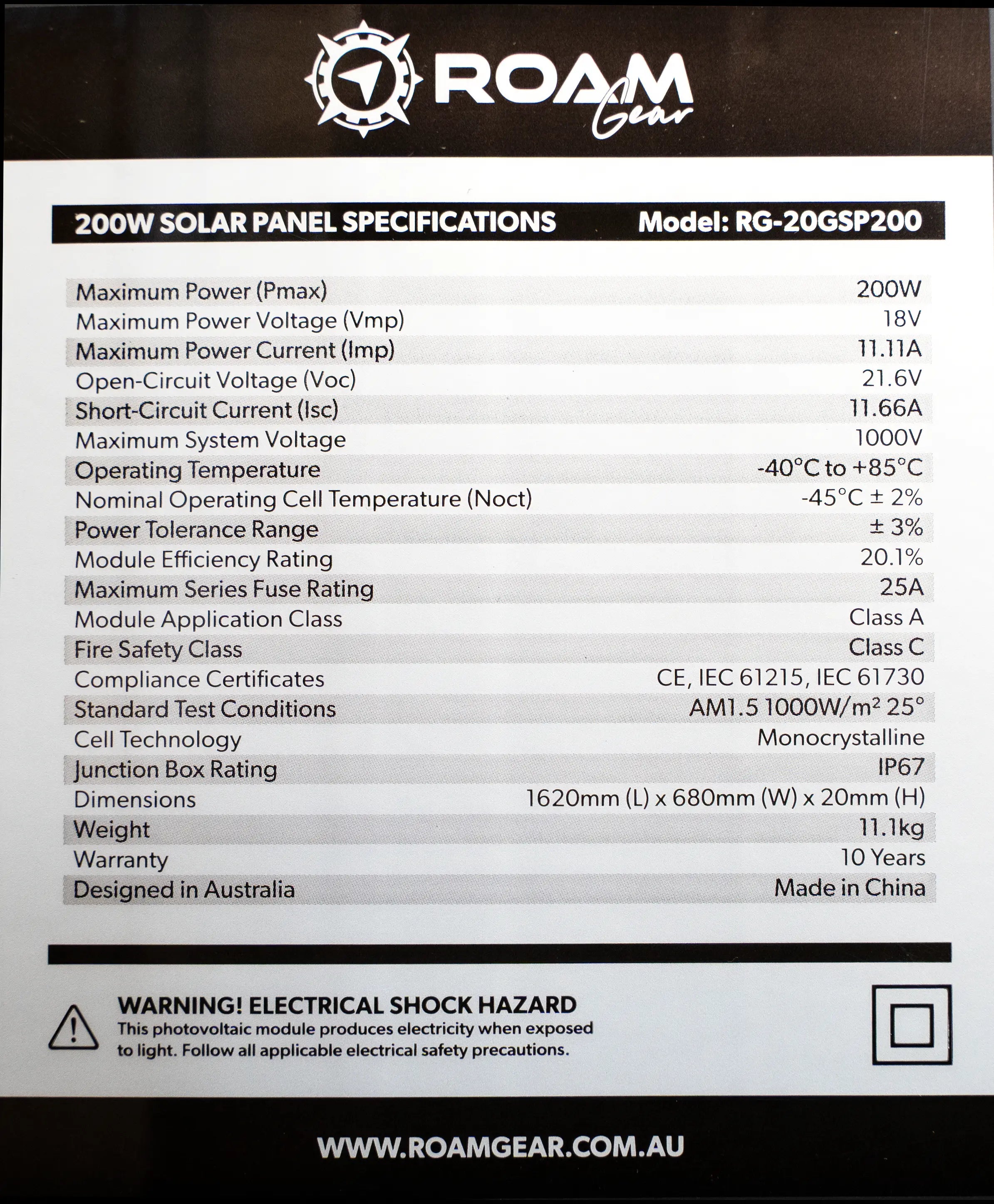 Roam Gear 200W 12V Slimline Black Glass Solar Panel (20mm Frame)
