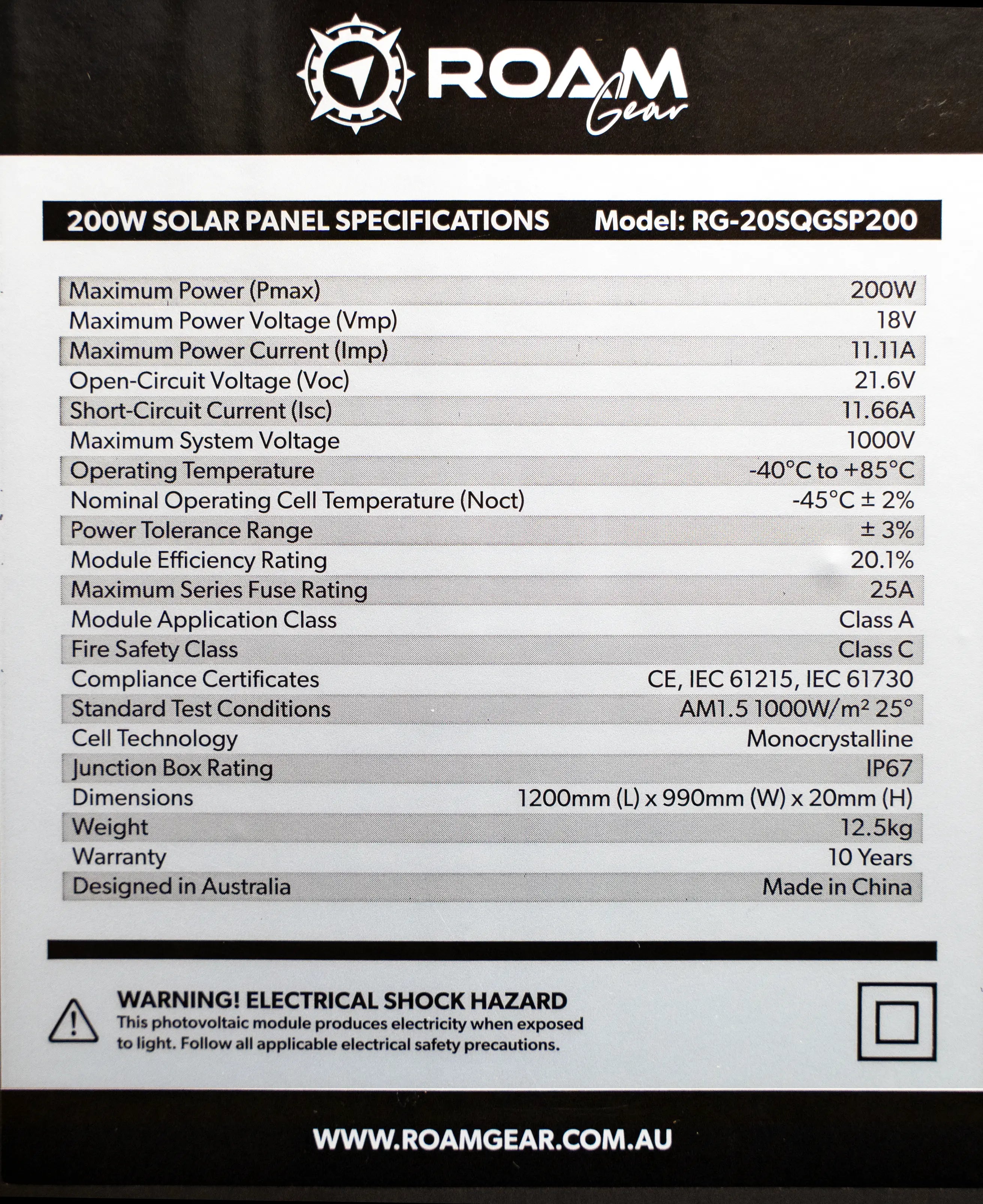 Roam Gear 200W 12V Slimline Square Black Glass Solar Panel (20mm Frame)