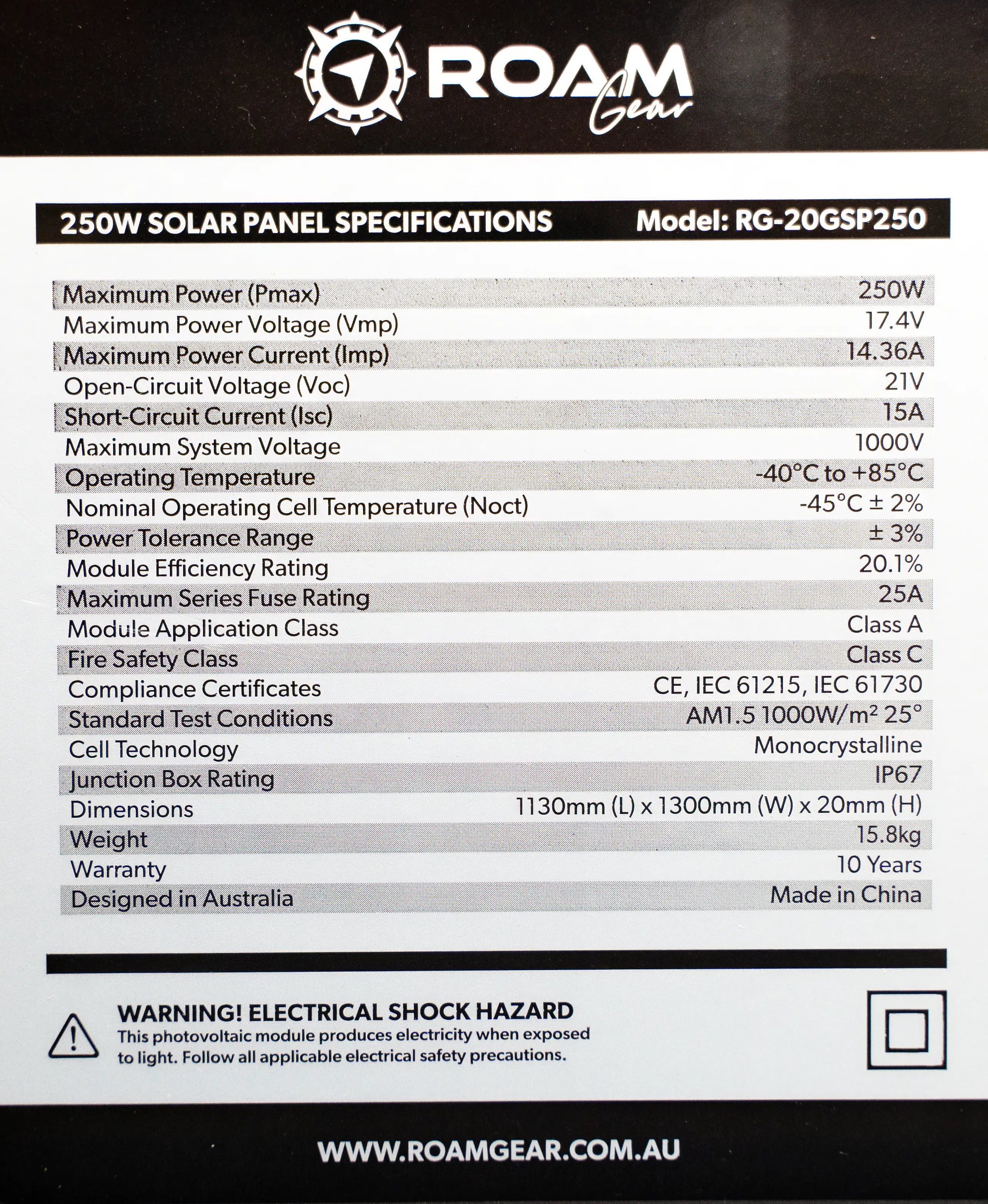 Roam Gear 250W 12V Slimline Black Glass Solar Panel (20mm Frame)